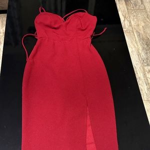 B Darlin Burgundy open back, midi dress